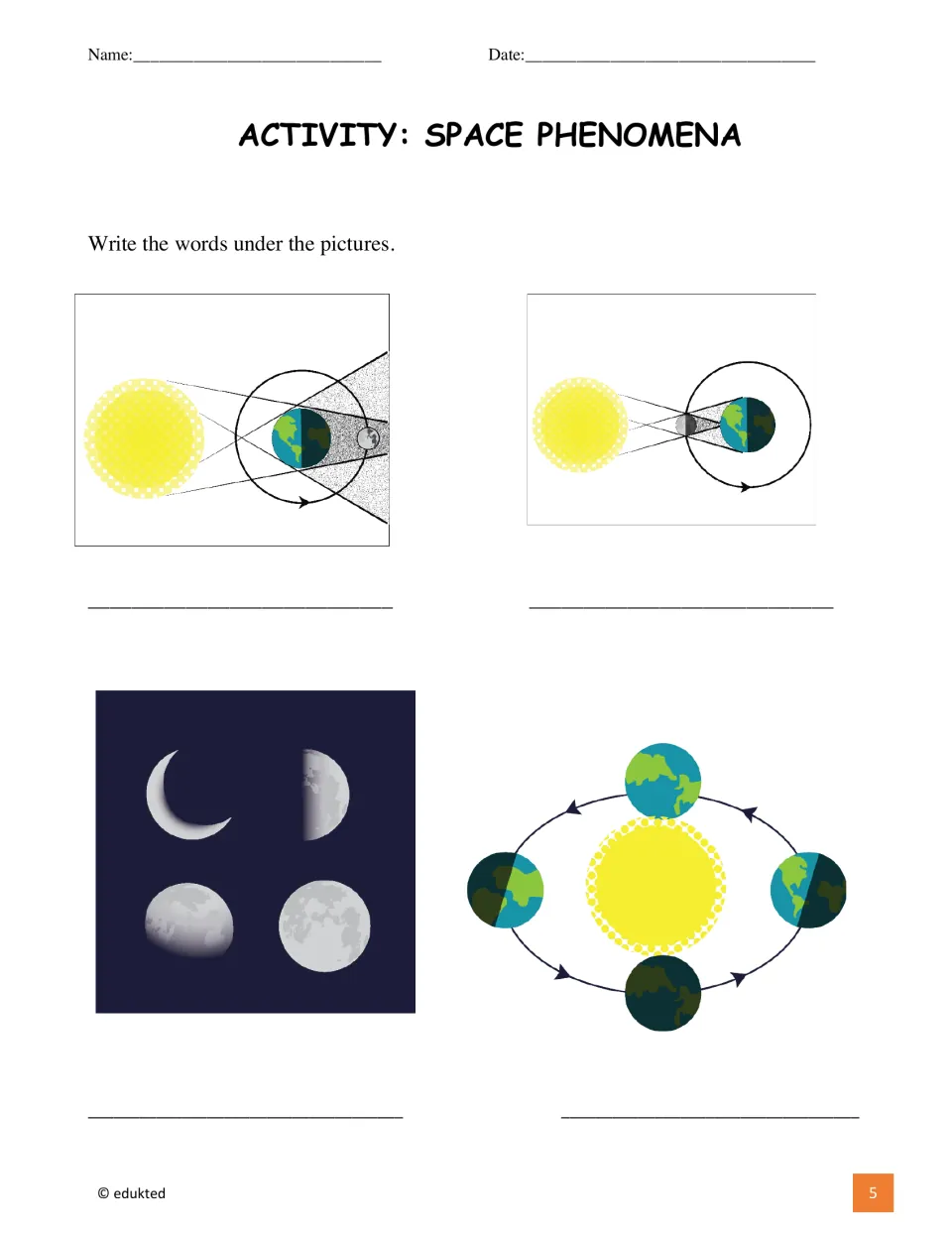 Space phenomena labeling activity asks students to name lunar eclipse, solar eclipse, moon phases, and orbit