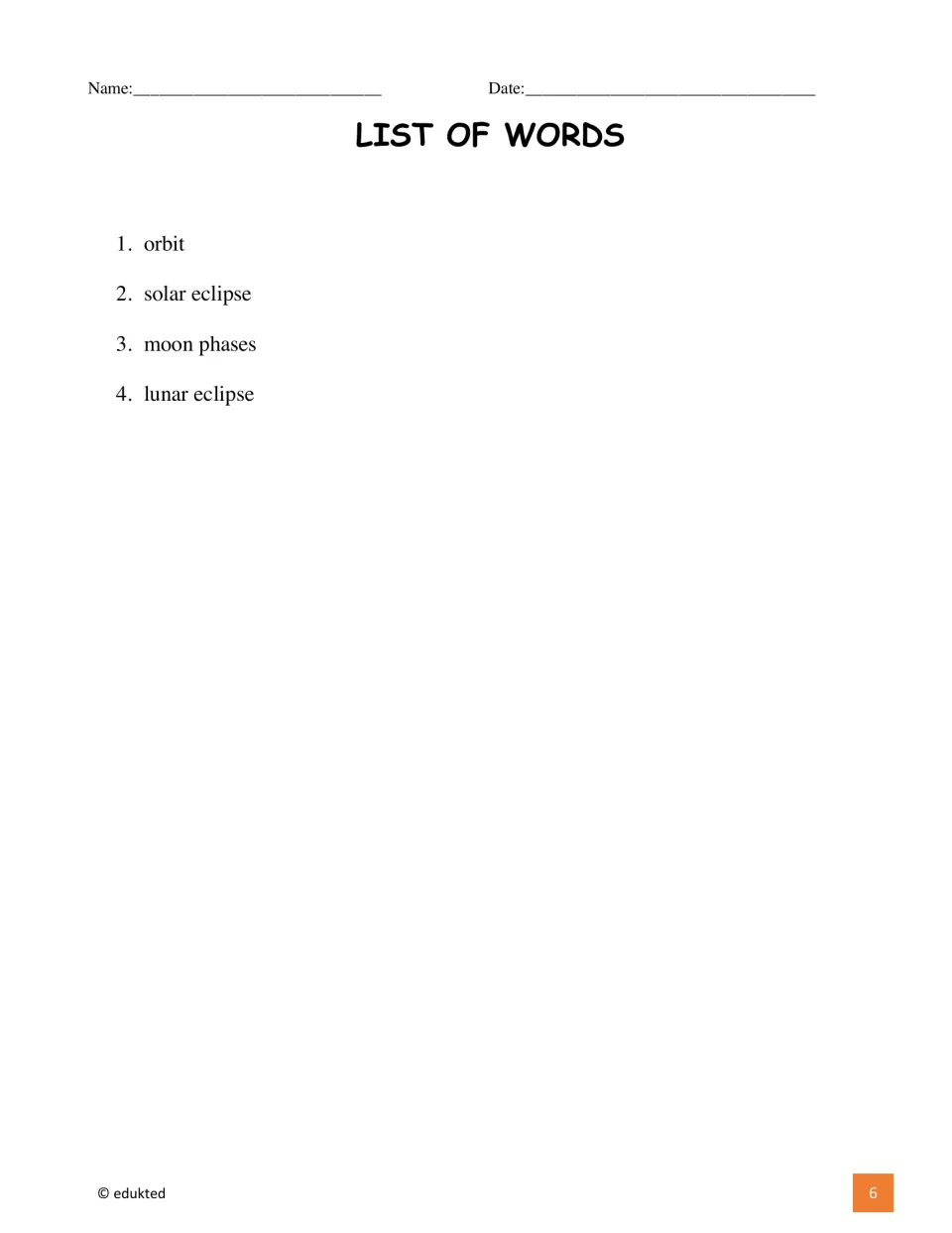 Vocabulary list for the booklet's activities contains four terms: orbit, solar eclipse, moon phases, lunar eclipse