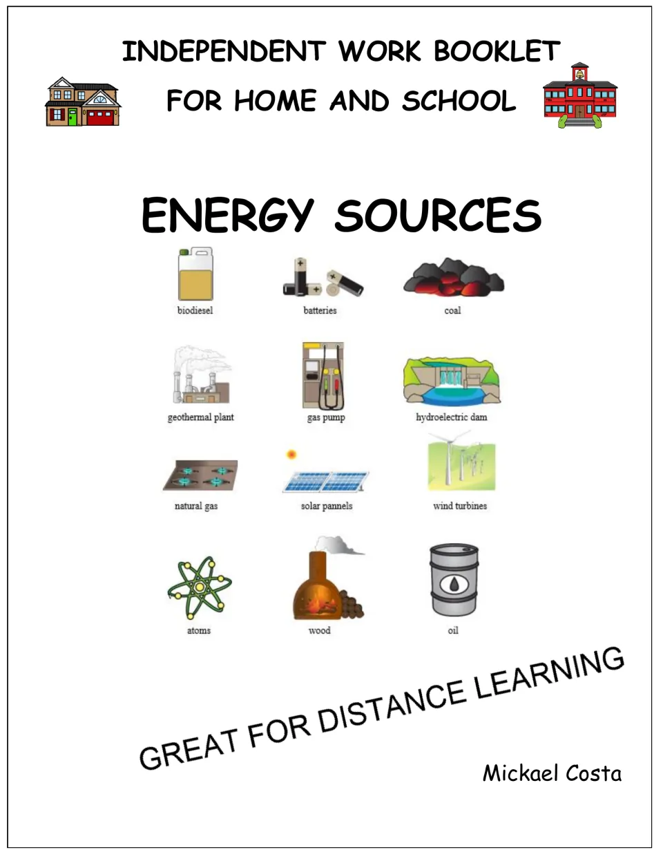 Energy sources booklet cover for independent work at home and school, showing 12 labeled vocabulary pictures