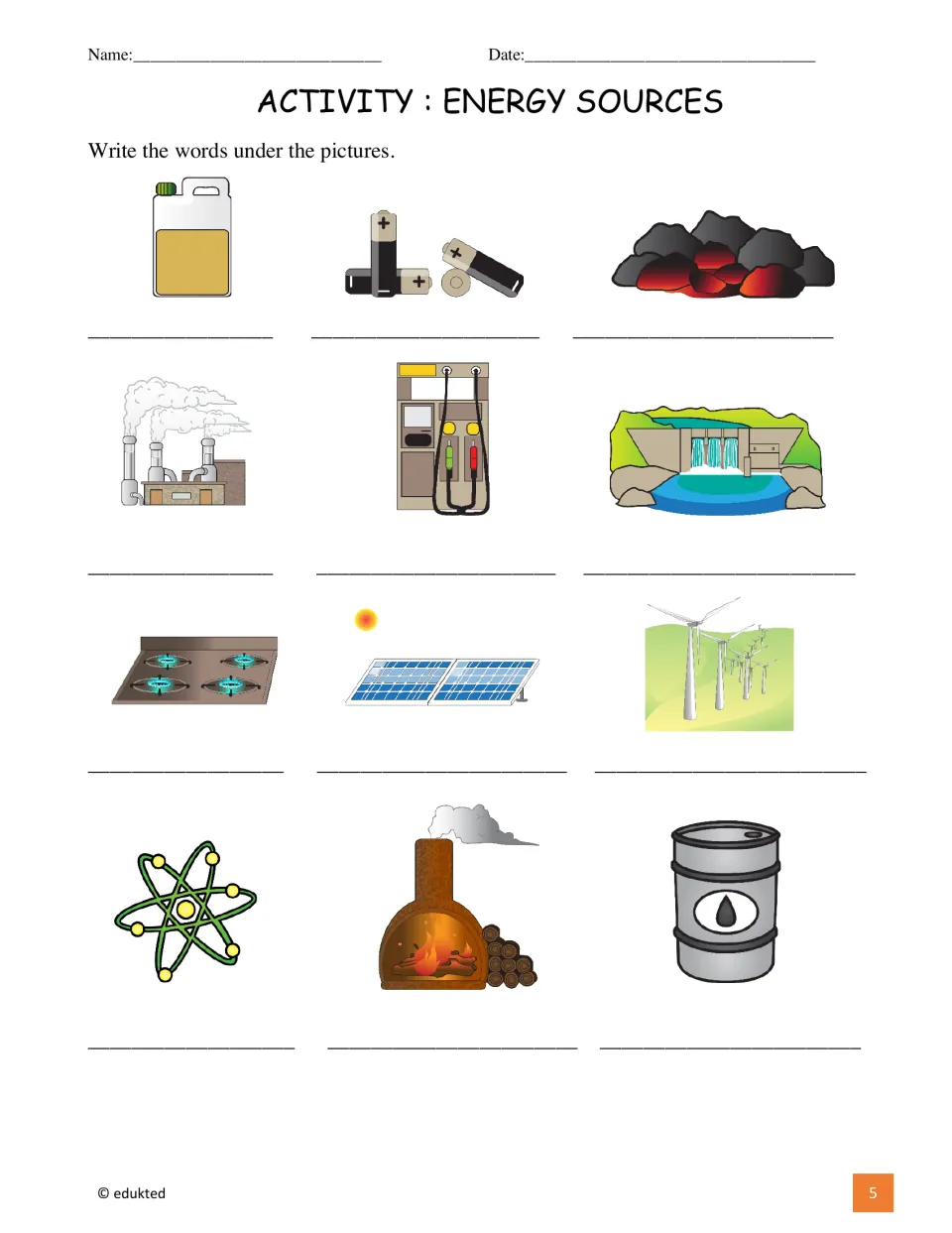 Picture-labeling activity asks students to write words for 12 images, including coal, batteries, and wind turbines