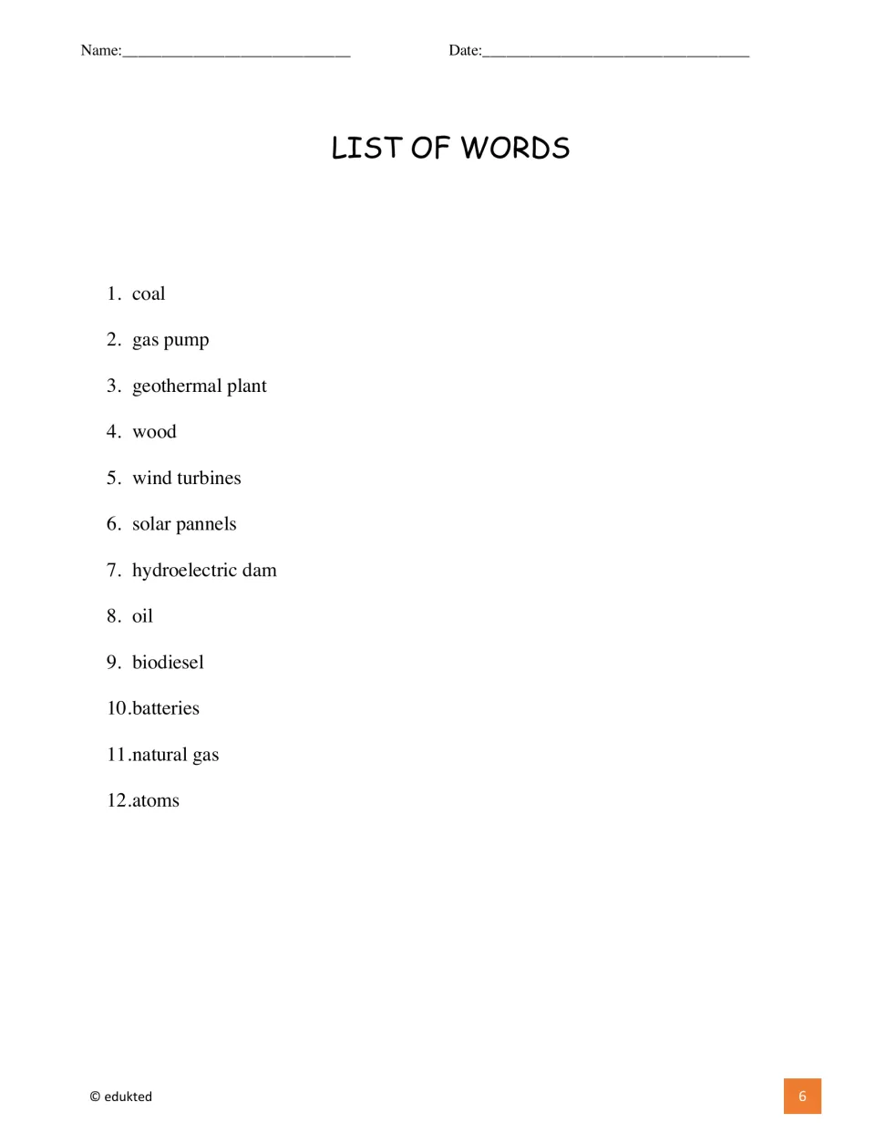 Booklet word list names 12 terms, including coal, gas pump, geothermal plant, wood, wind turbines, and atoms