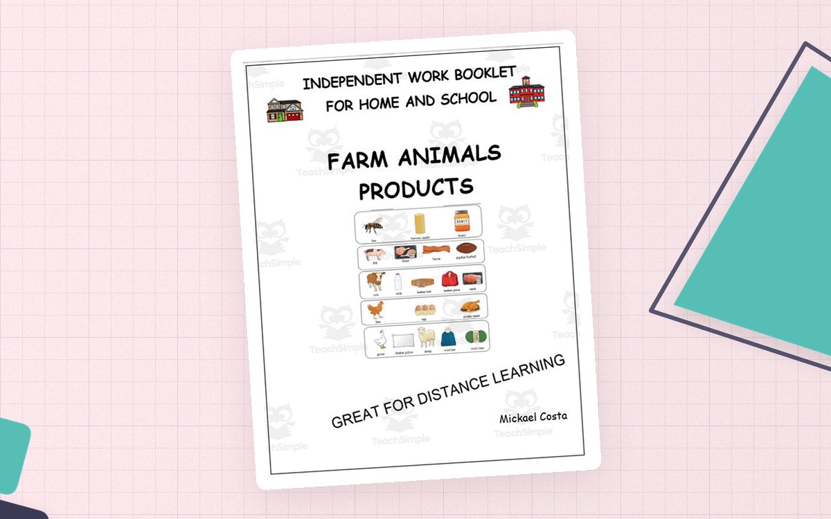 Farm Animals Products independent-work booklet cover with product picture grid.