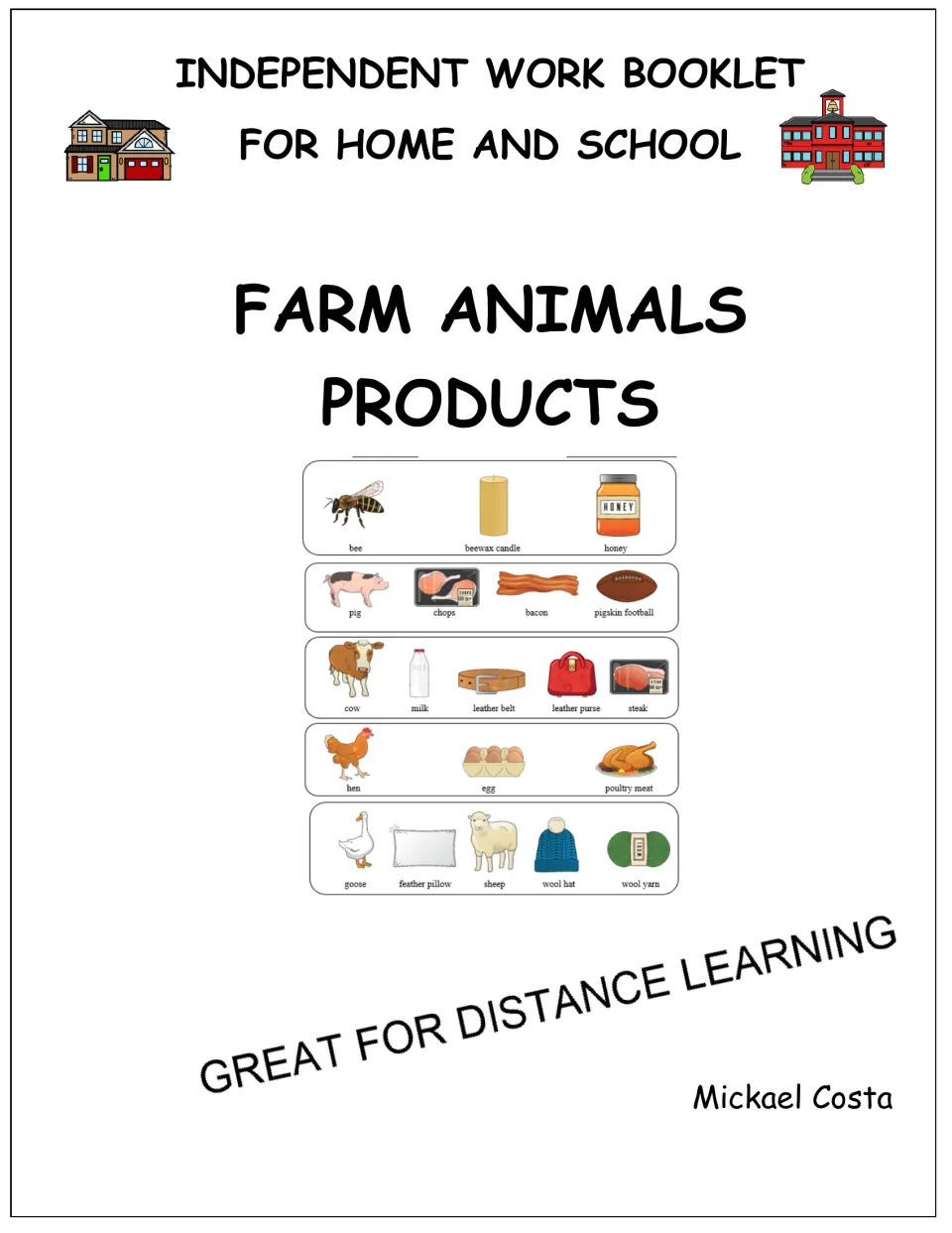 Farm Animals Products independent work booklet cover showing bee, pig, cow, hen, goose and sheep with their products