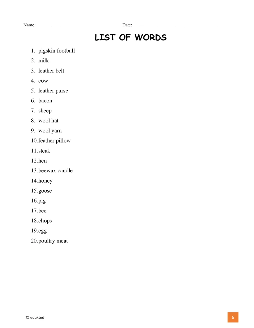 List of words: 20 numbered farm vocabulary terms, including pigskin football, leather belt, beewax candle and poultry meat