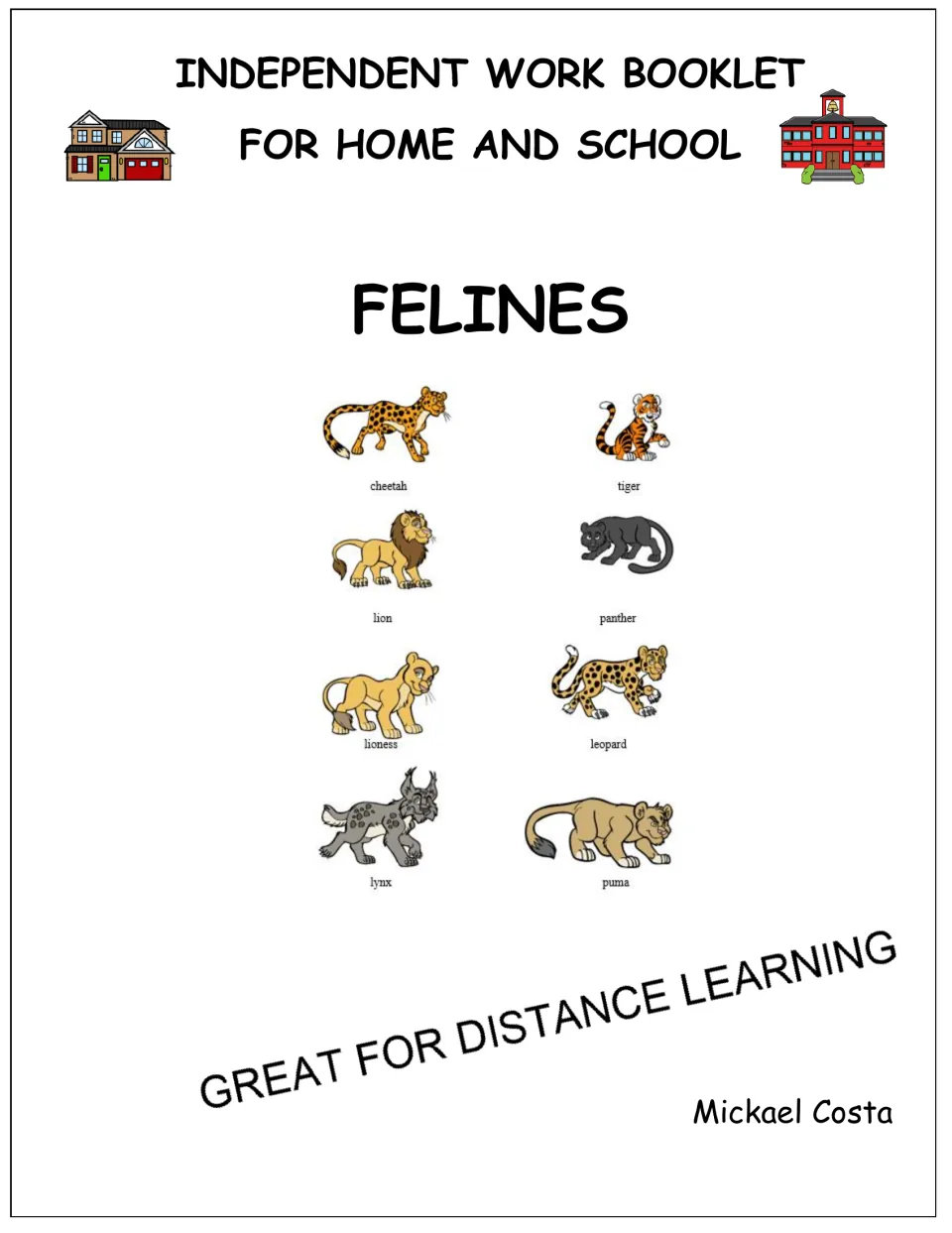 Cover of the feline independent work booklet for home and school, showing eight labeled feline pictures