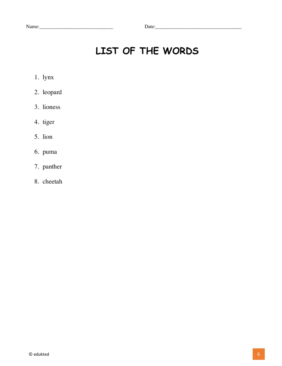 Booklet vocabulary list names eight felines: lynx, leopard, lioness, tiger, lion, puma, panther, and cheetah