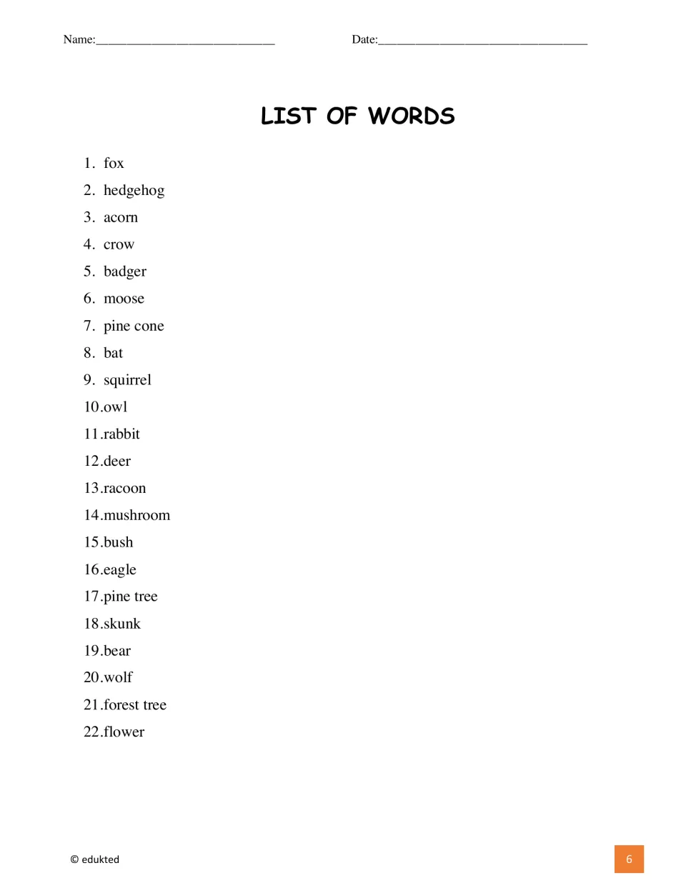 Booklet vocabulary list numbers 22 forest words, beginning with fox, hedgehog, and acorn and ending with flower.