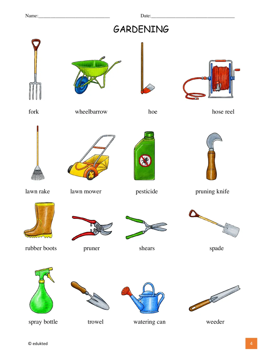 Gardening vocabulary reference pairs 16 pictures with labels, including fork, wheelbarrow, hoe, and hose reel.