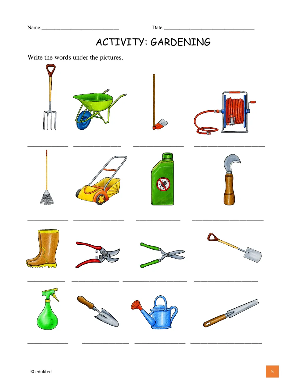 Gardening labeling activity asks students to write names for 16 pictured items from the vocabulary reference.