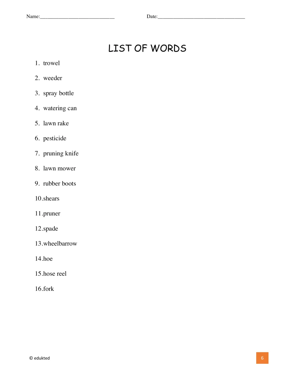 Gardening vocabulary list numbers 16 terms, starting with trowel, weeder, spray bottle, and watering can.