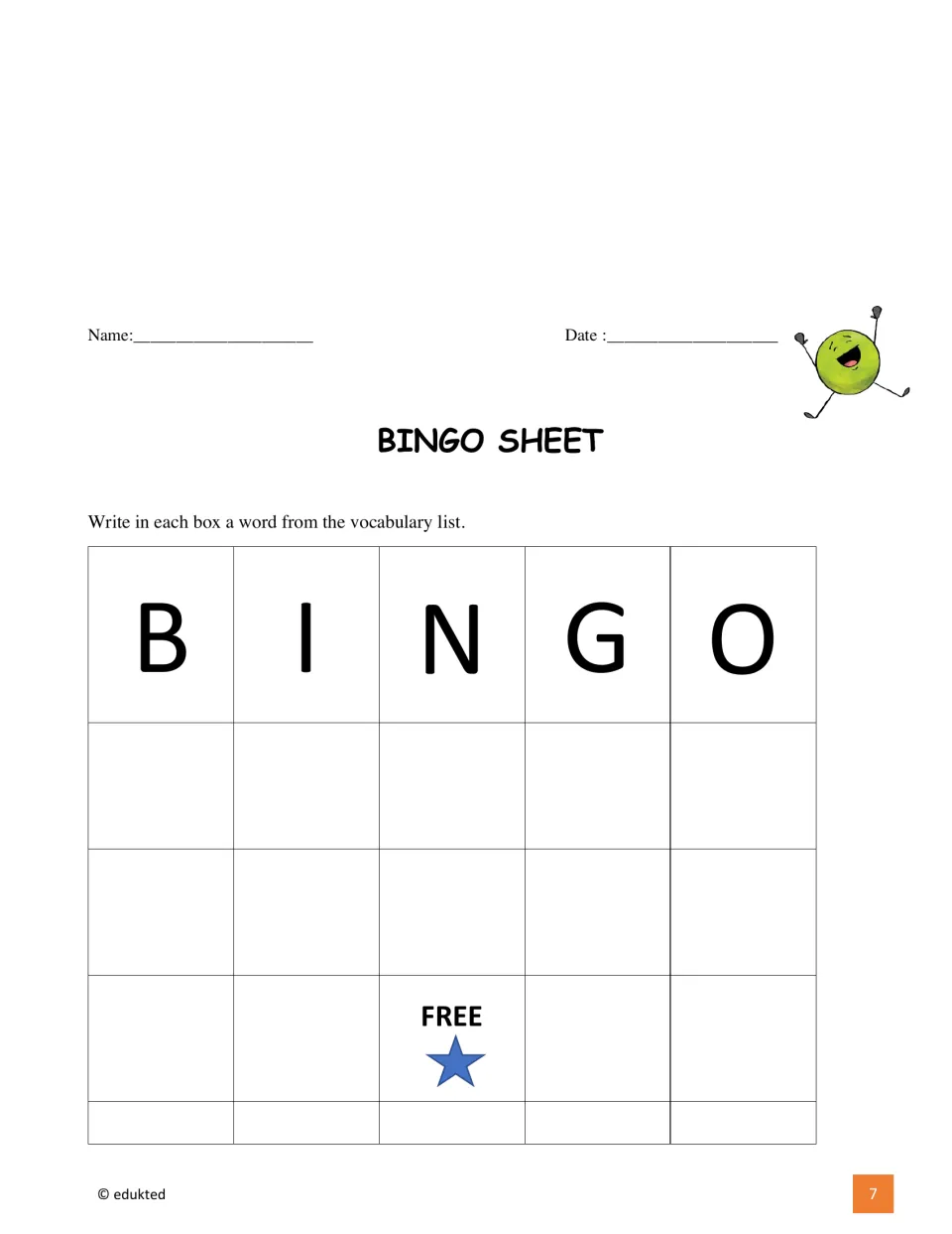 Gardening bingo activity asks students to fill their card using words from the vocabulary list; a space is free.