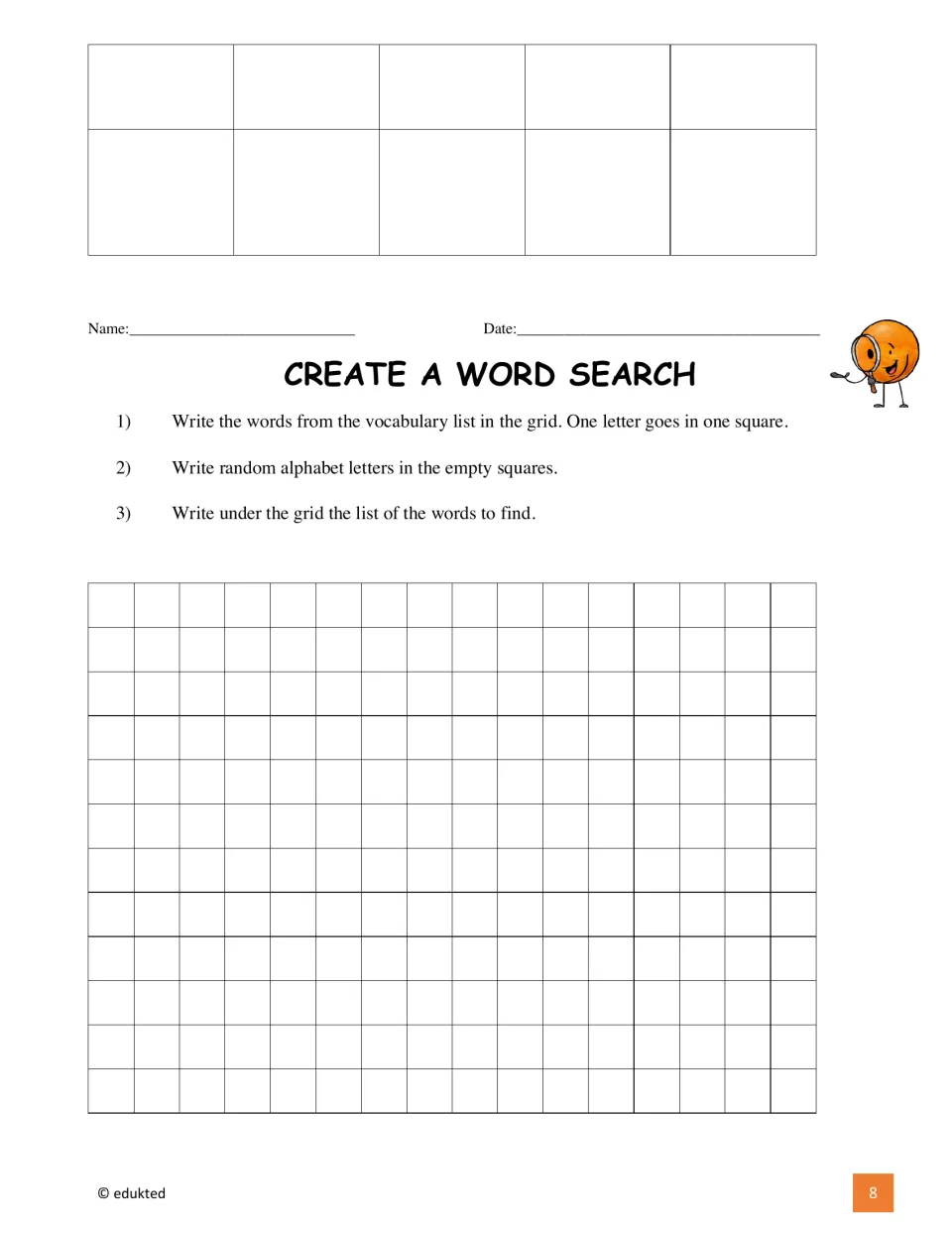 Bingo continues before a gardening word search task: place vocabulary words, add random letters, and list words.