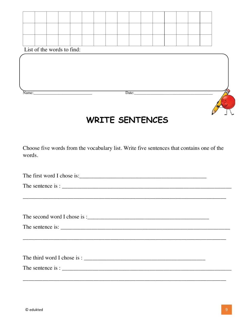 Word search continues before a gardening writing task to choose five vocabulary words and write five sentences.