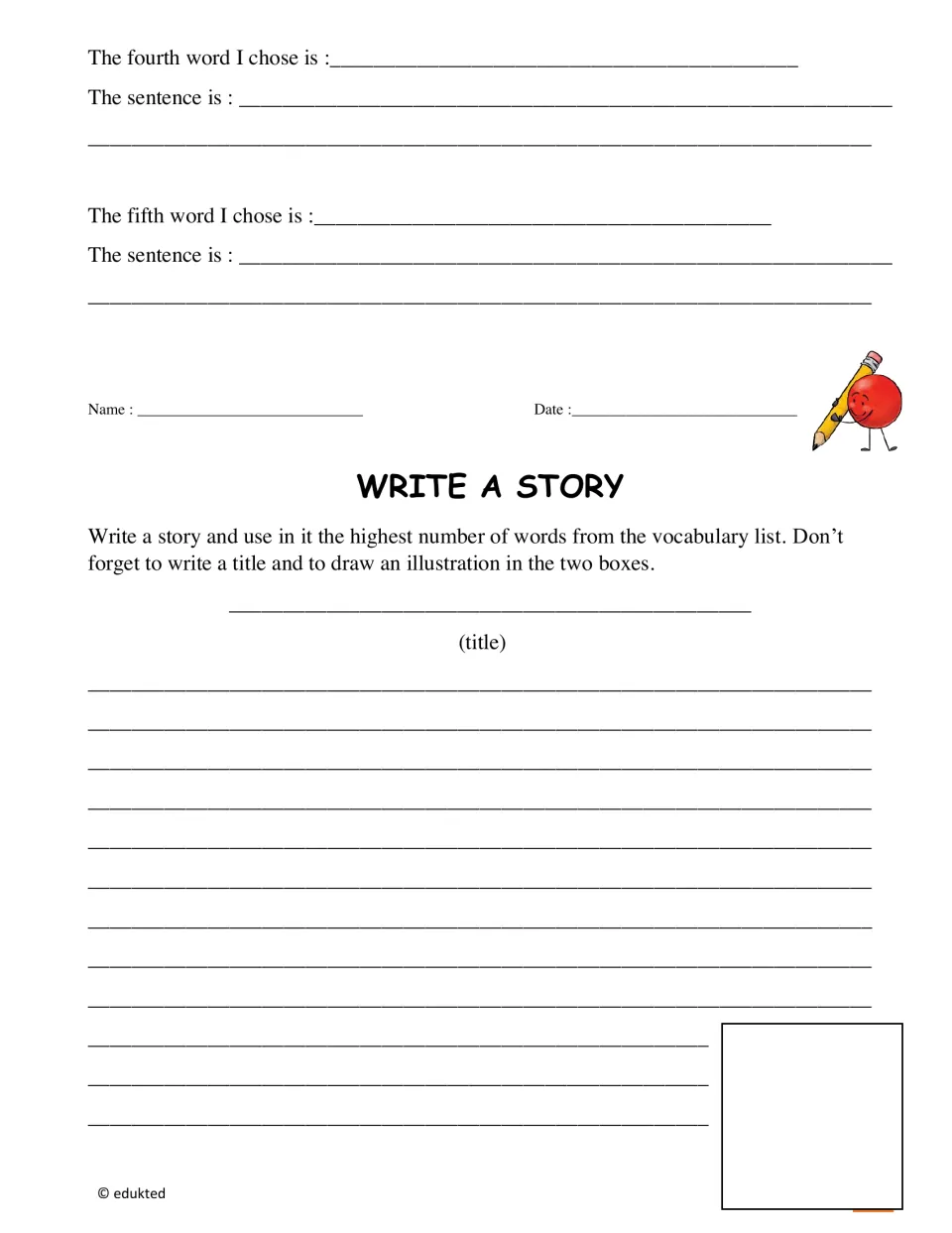 Gardening sentence prompts four and five precede a story task using vocabulary words, a title, and illustrations.