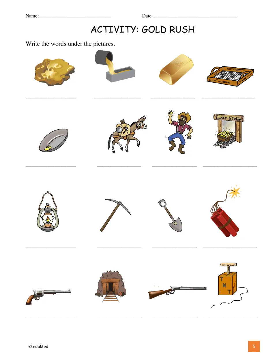 Picture labeling activity: students write the matching gold rush word under each of 16 pictures, from gold bar to rifle