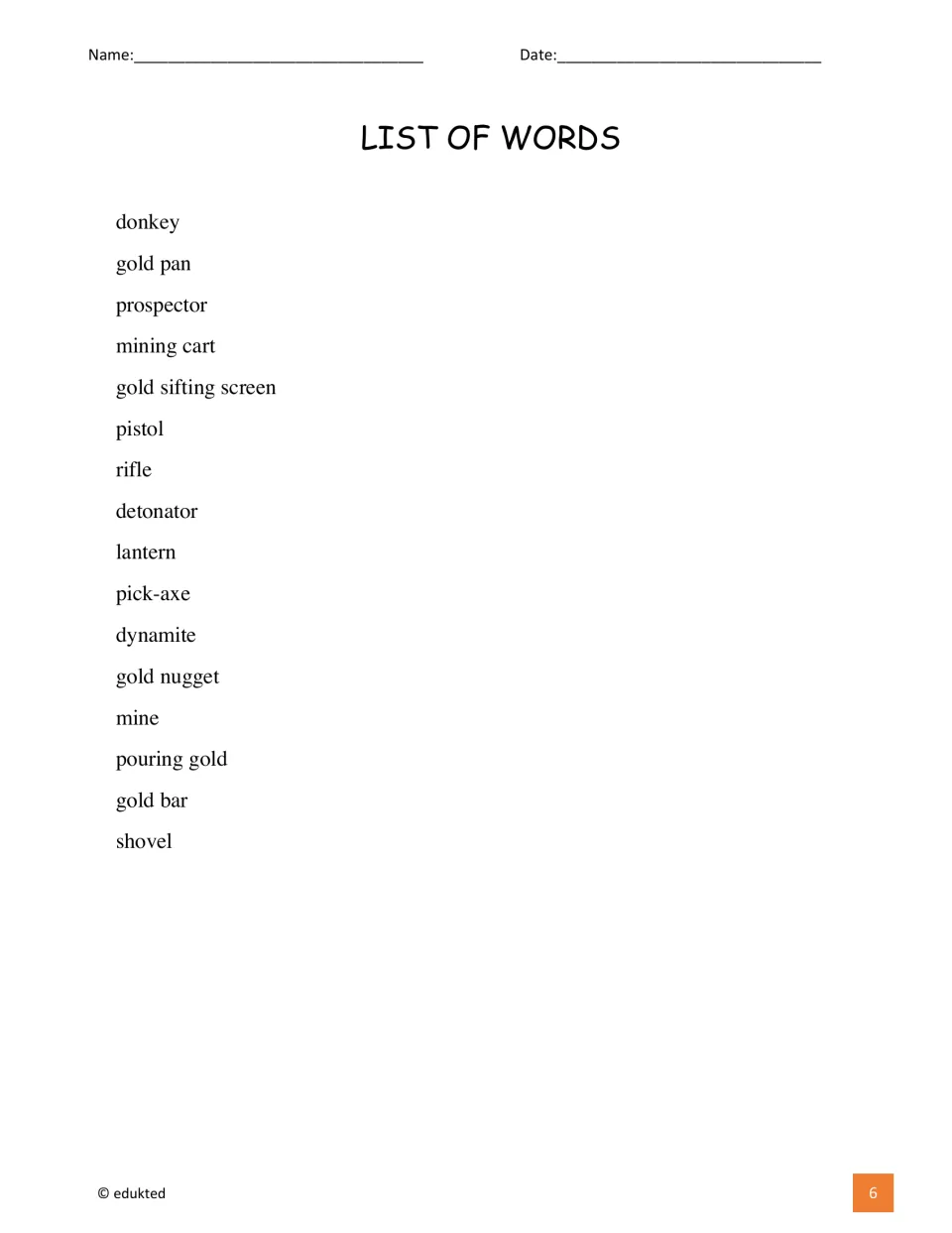 List of words: the 16 vocabulary terms in text form, including donkey, mining cart, lantern, dynamite and shovel