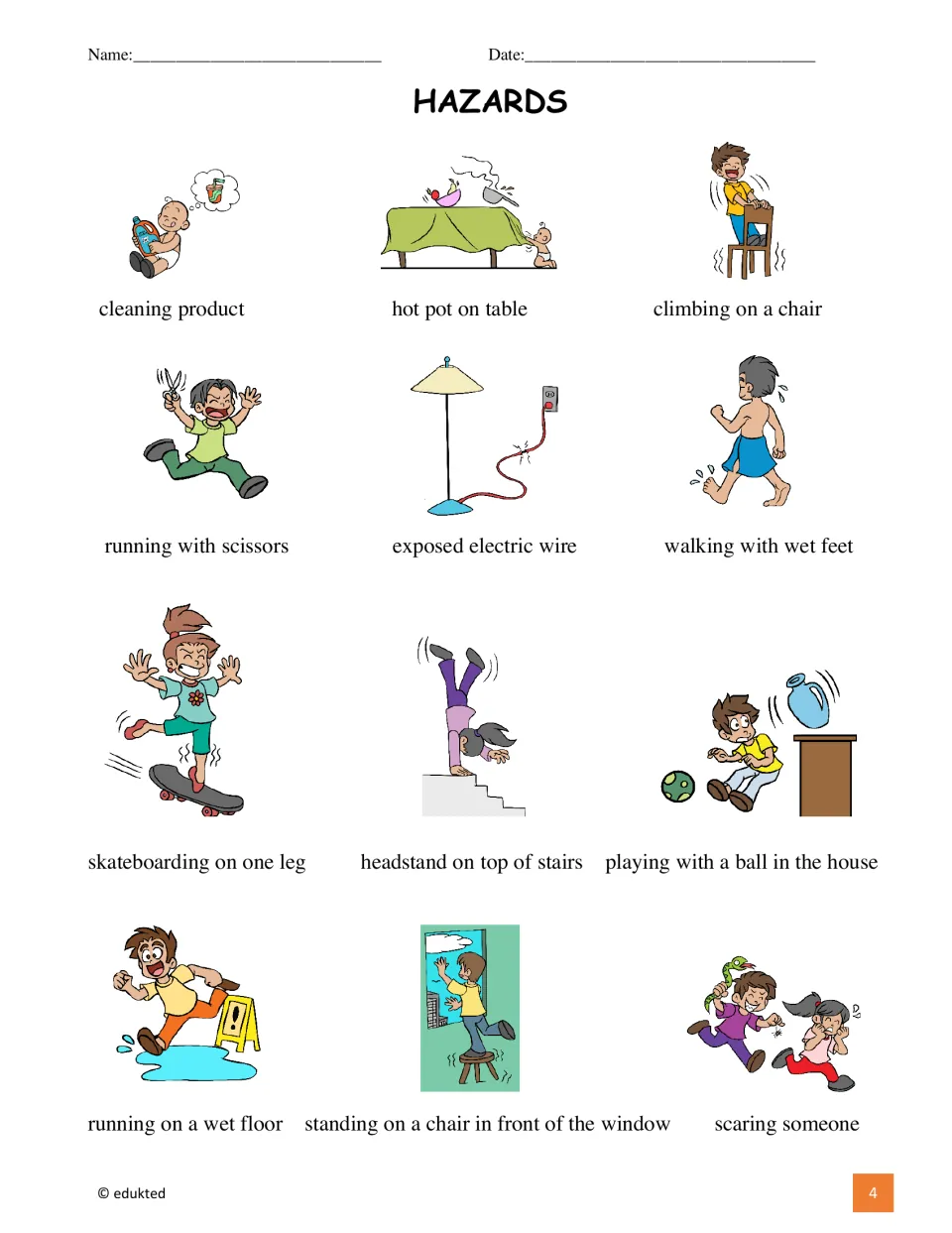Hazards vocabulary sheet labels 12 pictures, including cleaning product, hot pot on table, and wet feet