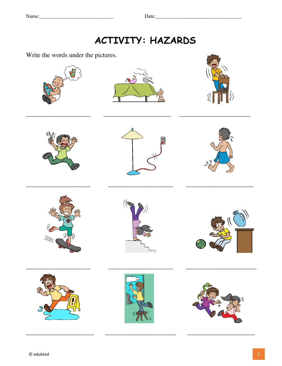 Hazards labeling activity asks students to write vocabulary under 12 pictures, including running with scissors