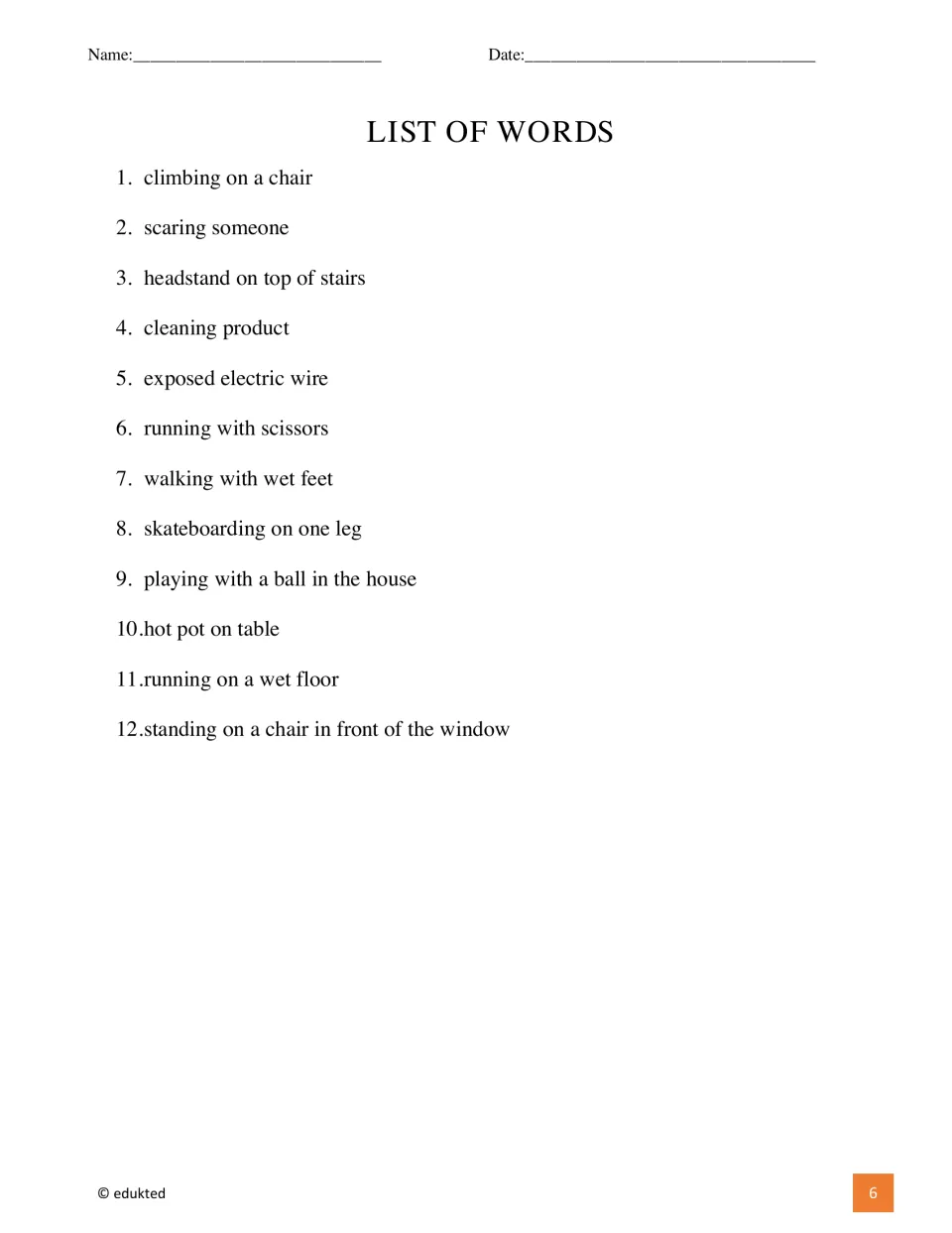 Hazards vocabulary list gives 12 phrases, including climbing on a chair, scaring someone, and exposed electric wire
