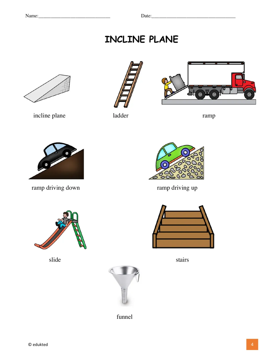 Illustrated vocabulary reference shows incline plane, ladder, ramp, slide, stairs, funnel, and two driving ramps
