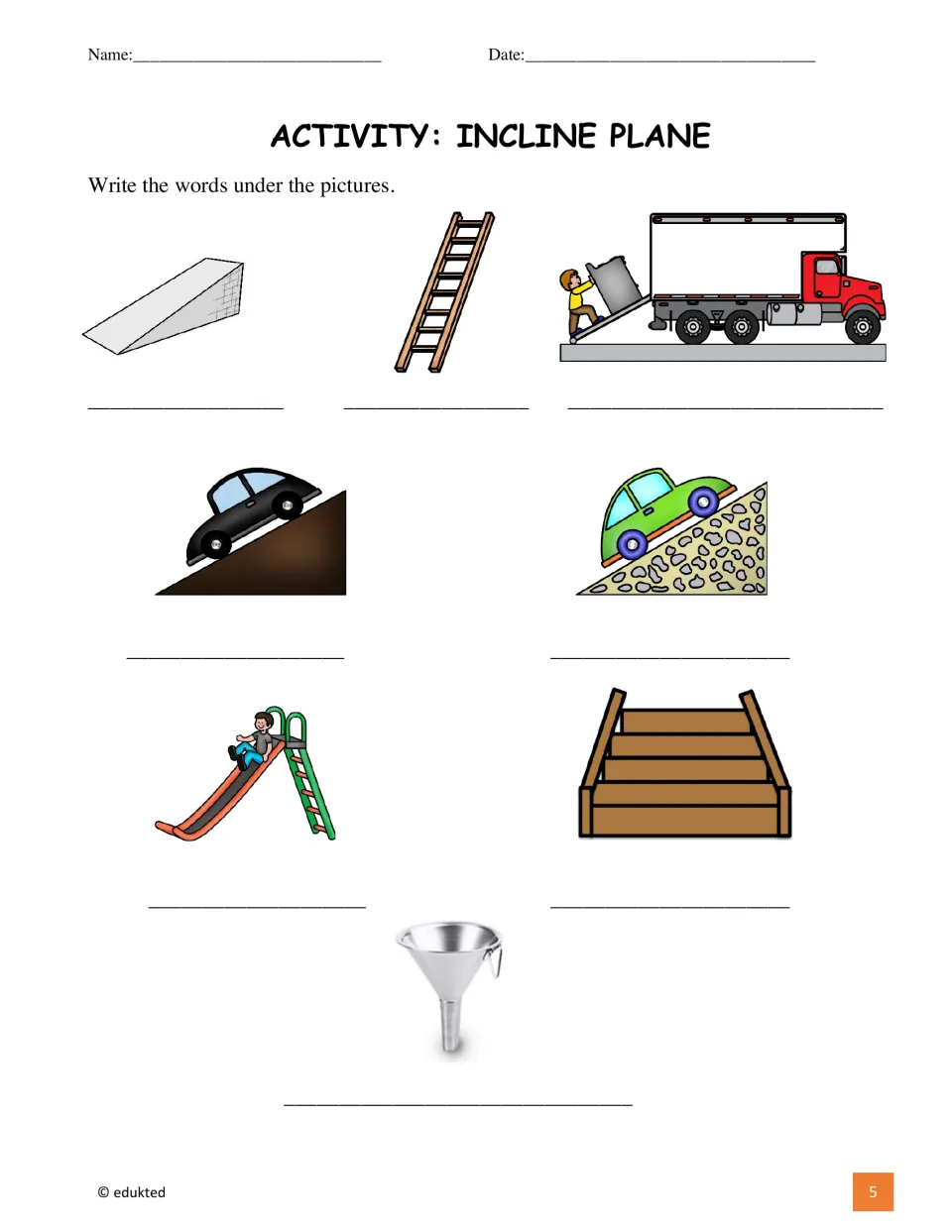 Vocabulary labeling activity asks students to name eight pictures, including a ladder, ramp, slide, and funnel