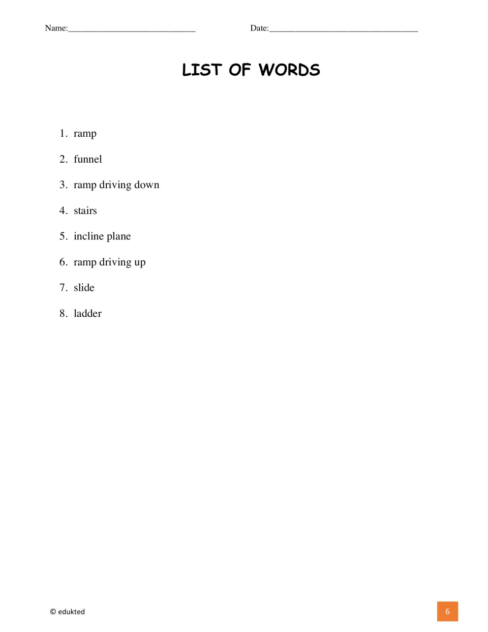 Eight-entry vocabulary list names ramp, funnel, ramp driving down, stairs, incline plane, and three more