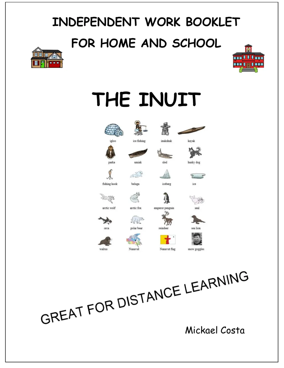 Cover of the Inuit literacy booklet for home and school, featuring pictures of the 24 vocabulary items