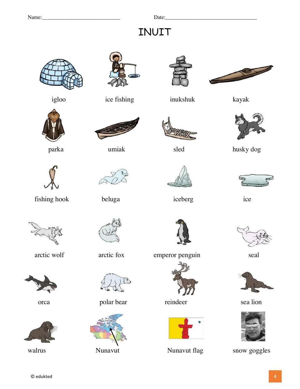 Illustrated vocabulary reference with 24 labeled items, including igloo, ice fishing, inukshuk, and kayak