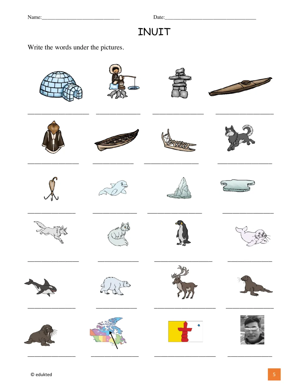 Picture-labeling activity using the booklet's 24 vocabulary images, including a parka, umiak, and sled
