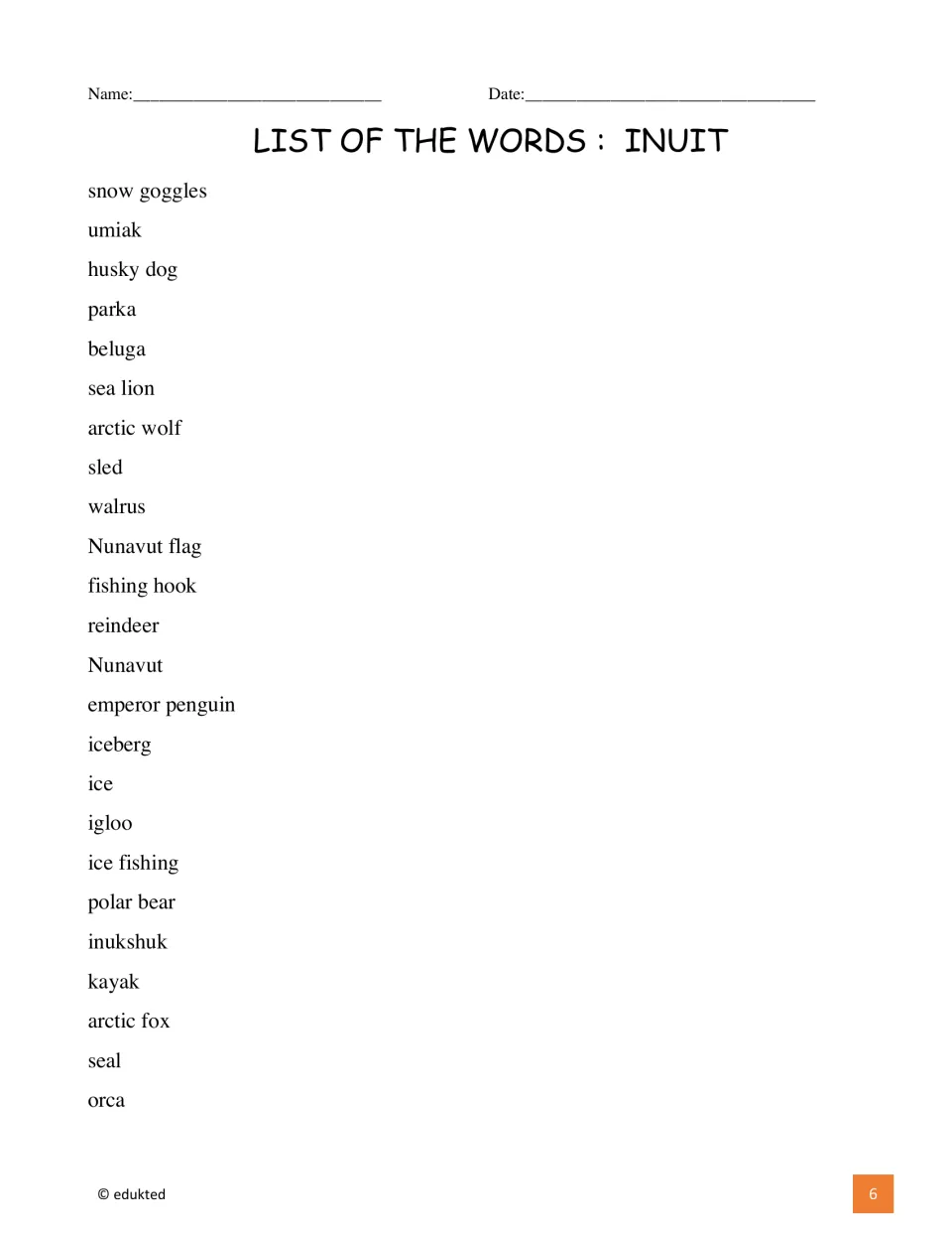 Vocabulary word list with 24 entries, including snow goggles, umiak, husky dog, parka, and Nunavut flag