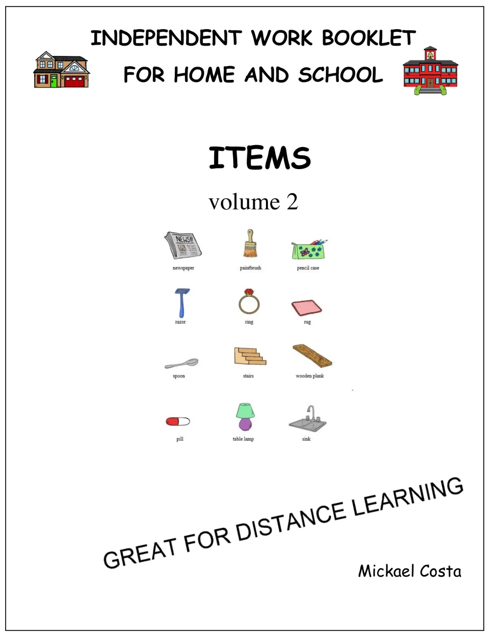 Cover of Items, Volume 2, an independent work booklet for home and school featuring 12 pictured vocabulary items