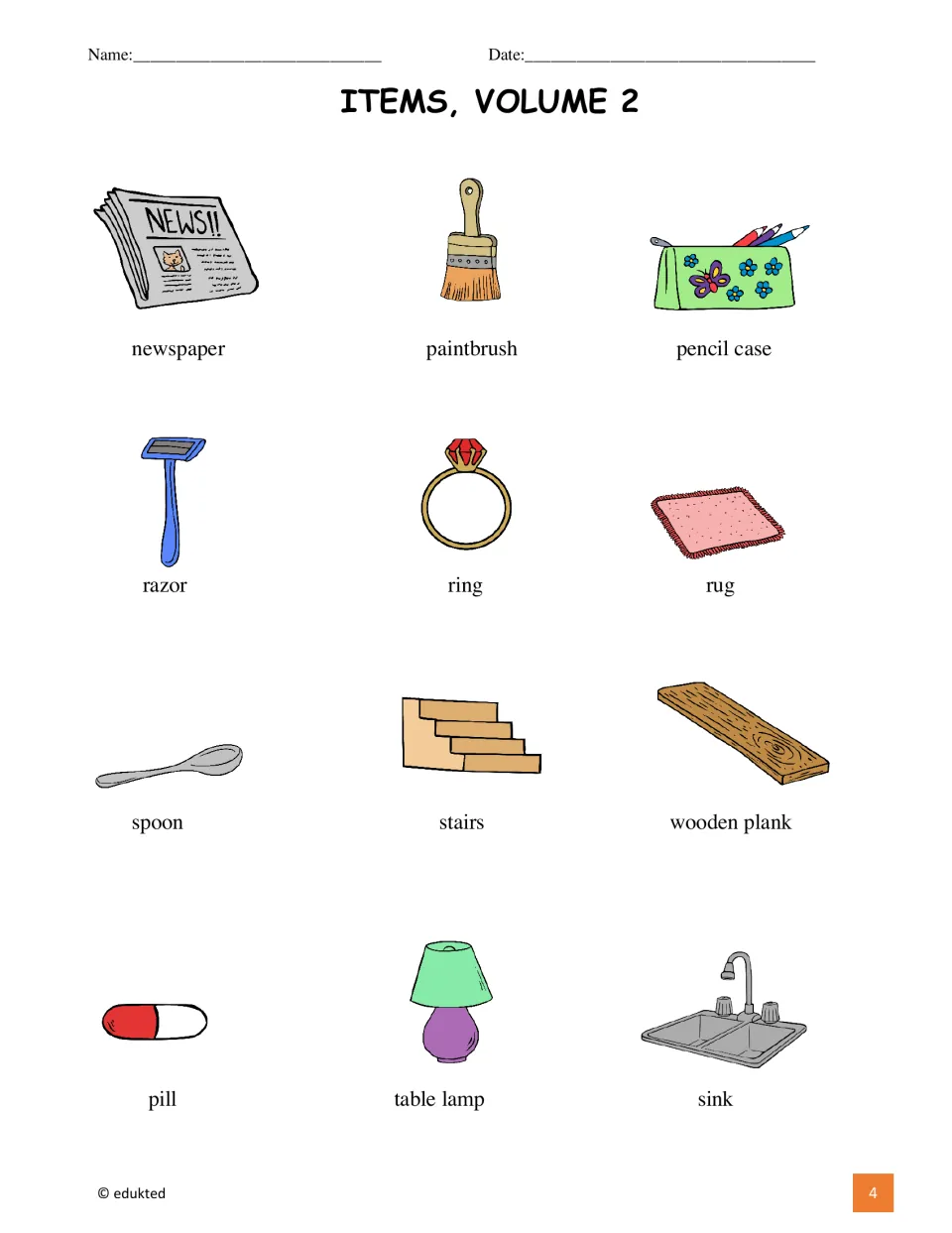 Vocabulary reference sheet pairs 12 item pictures with labels, including newspaper, paintbrush, and pencil case