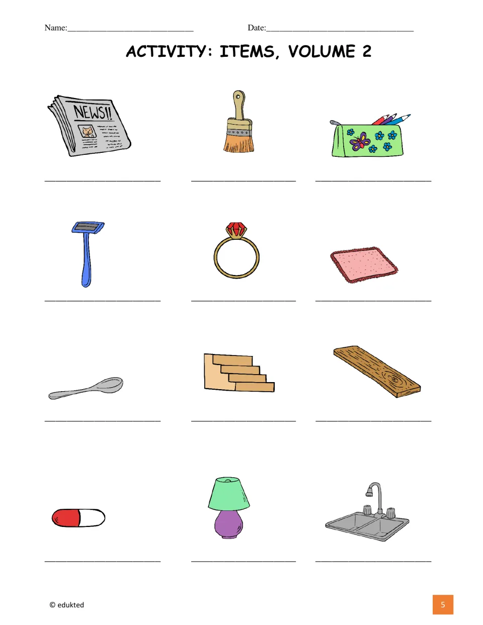 Vocabulary labeling activity presents the same 12 item pictures, including a razor, ring, rug, spoon, and sink