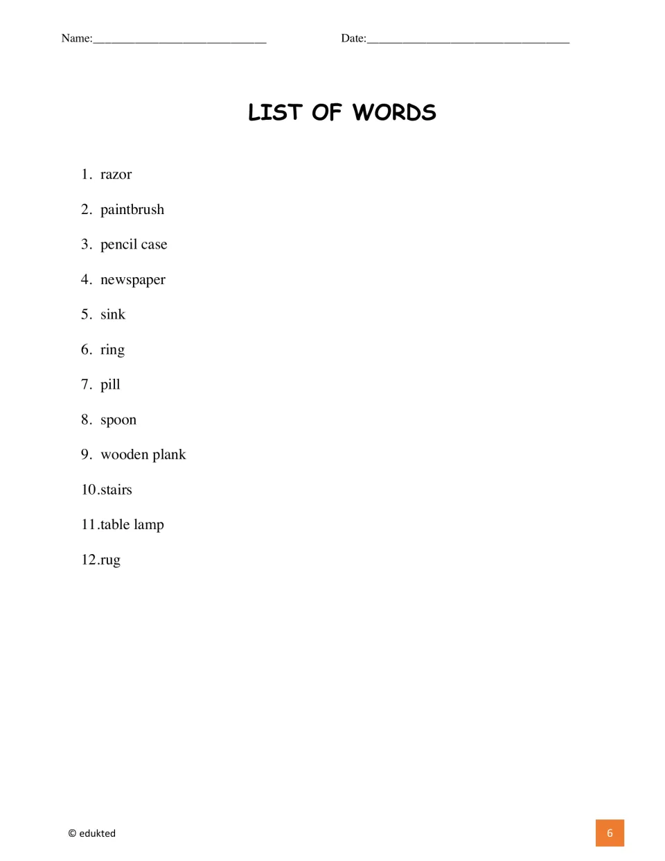 Vocabulary word list includes razor, paintbrush, pencil case, newspaper, sink, ring, and six other item names