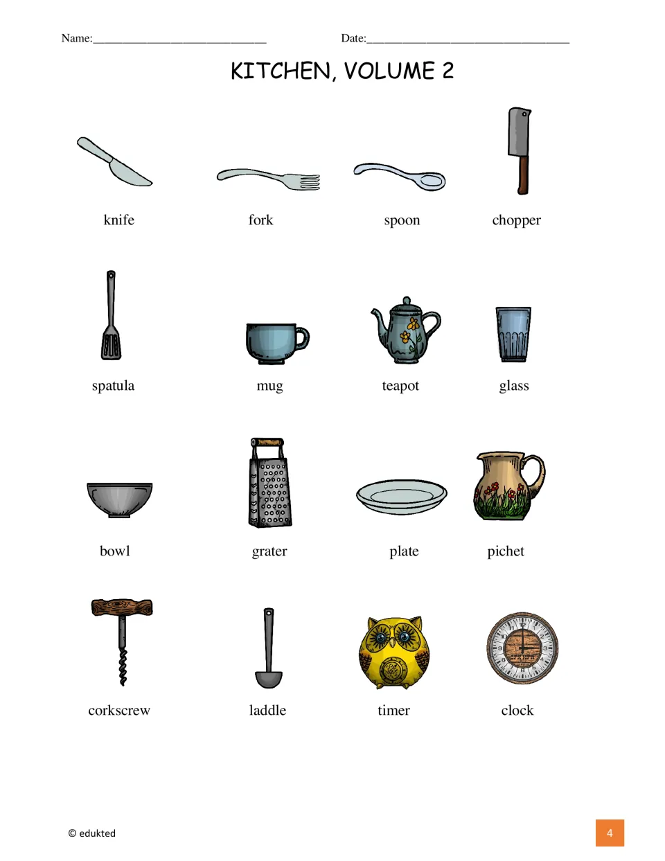 Kitchen vocabulary reference sheet labels 16 pictures, including knife, fork, spoon, chopper, and spatula