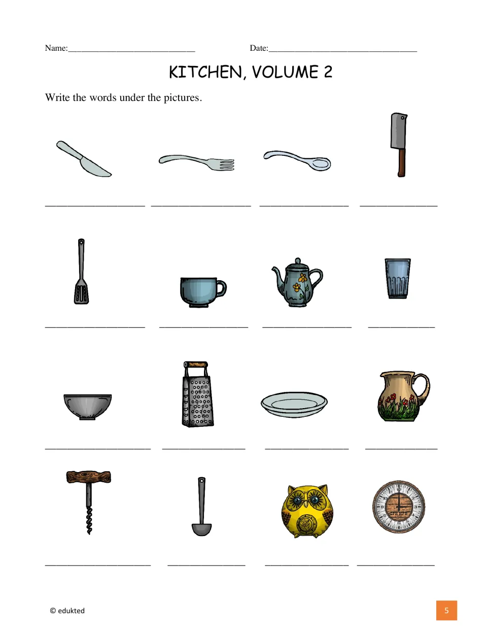 Kitchen vocabulary labeling activity asks students to write words for 16 pictures from the reference sheet