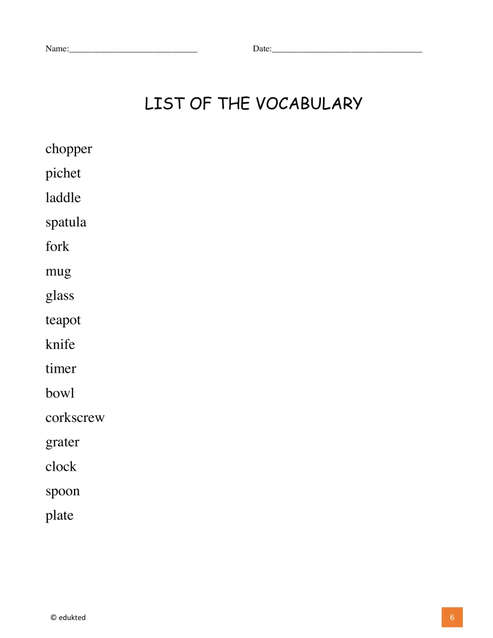 Kitchen booklet vocabulary list supplies 16 words, including chopper, spatula, fork, mug, glass, and teapot
