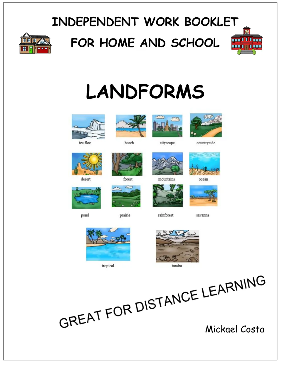 Landforms booklet cover for independent work at home and school, featuring 14 labeled vocabulary pictures