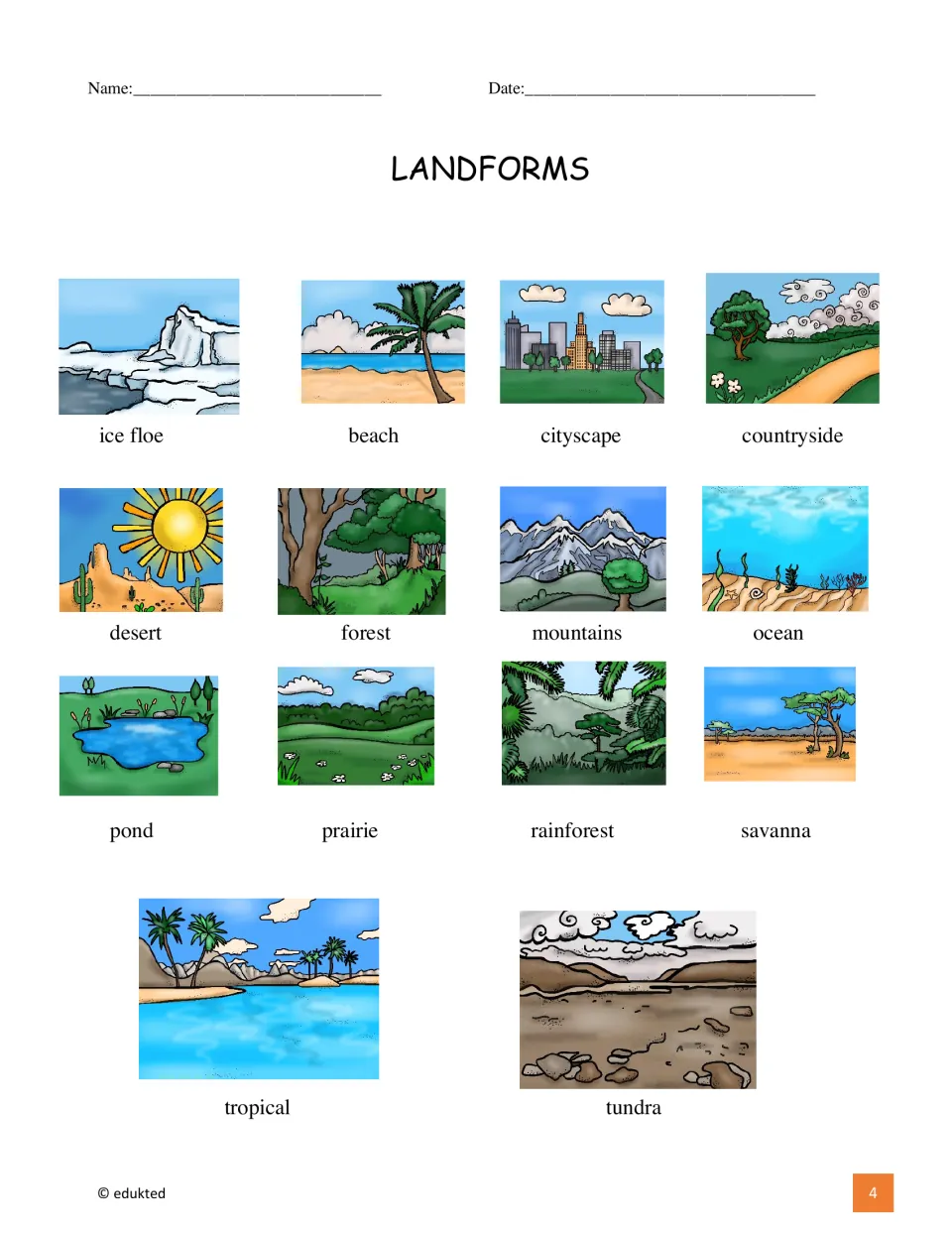 Vocabulary reference sheet pairs 14 pictures with words, including ice floe, beach, cityscape, and countryside
