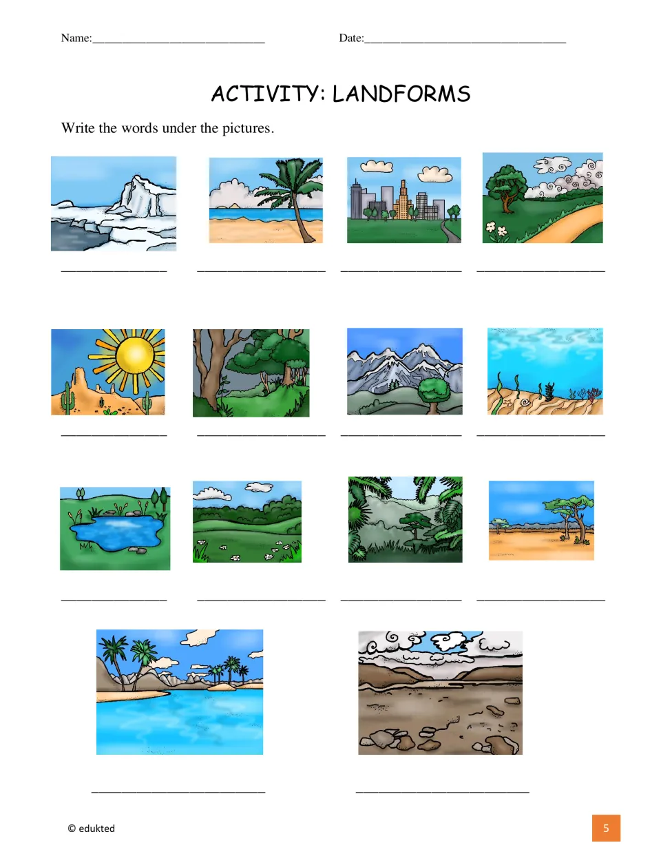 Vocabulary labeling activity asks students to name 14 pictures, including desert, forest, mountains, and ocean