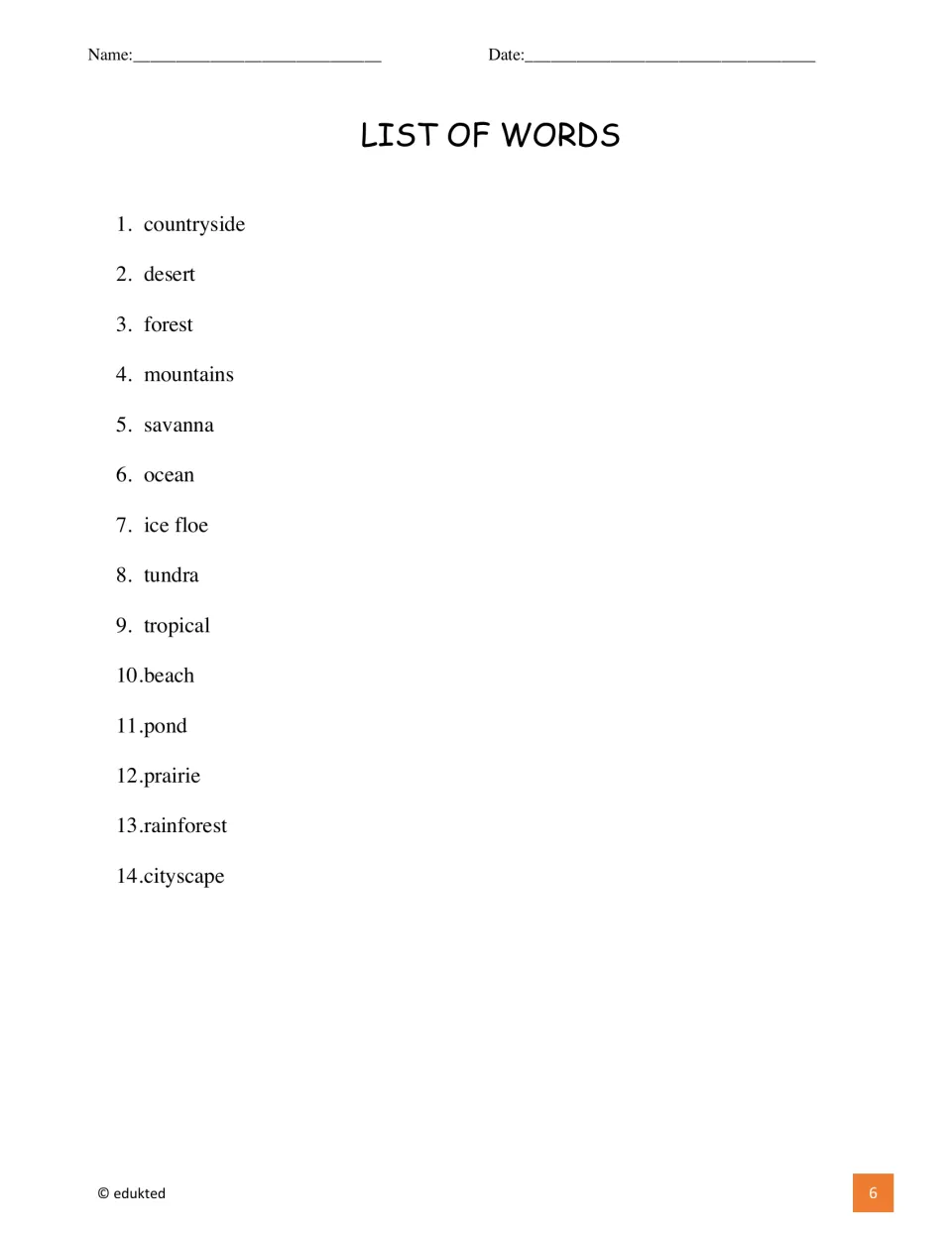Booklet word list contains 14 terms, including countryside, desert, forest, mountains, savanna, and ocean