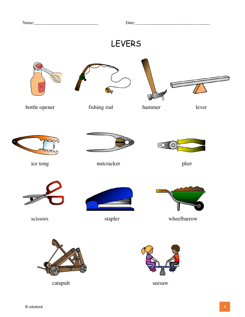 Lever vocabulary reference illustrates 12 labeled items, including a bottle opener, fishing rod, and hammer