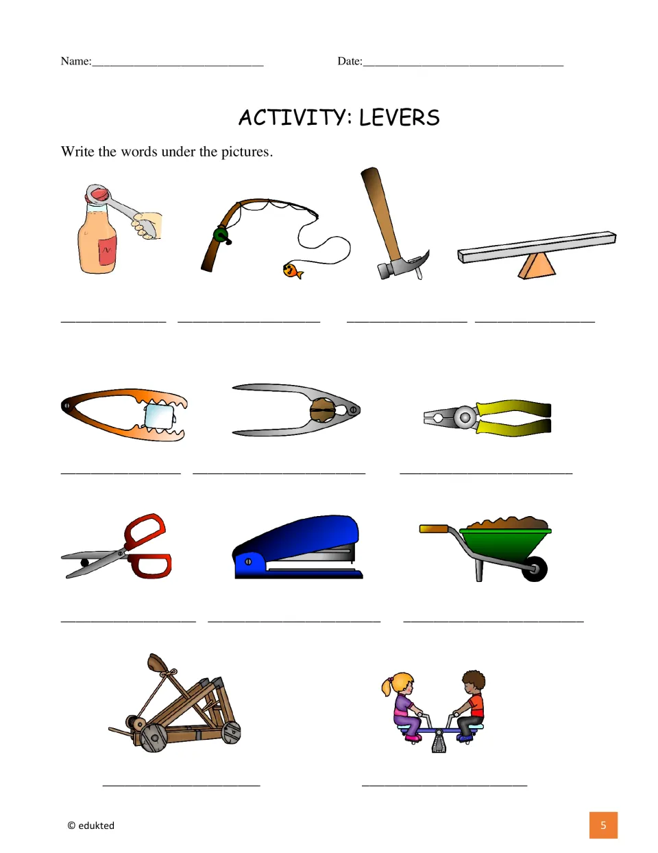 Lever labeling activity asks students to write names for 12 pictures, including scissors and a seesaw