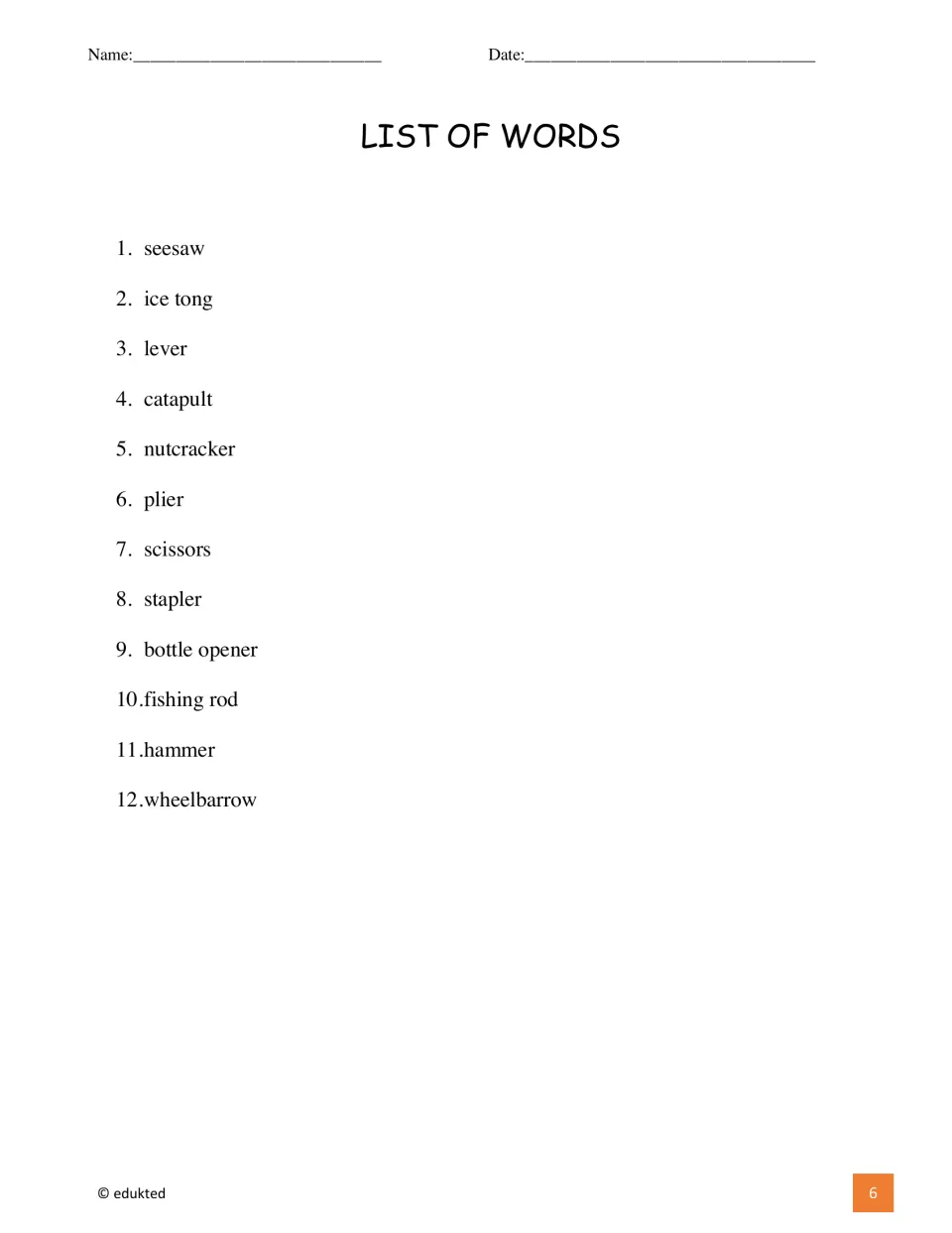 Vocabulary list supplies 12 lever-related terms, including seesaw, ice tong, catapult, and wheelbarrow