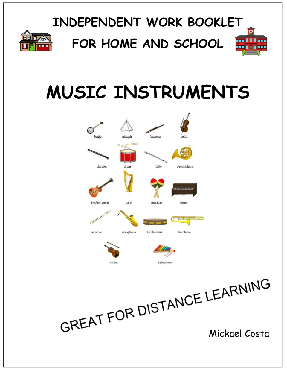 Cover of the musical instrument work booklet for home and school, featuring 18 labeled instrument pictures