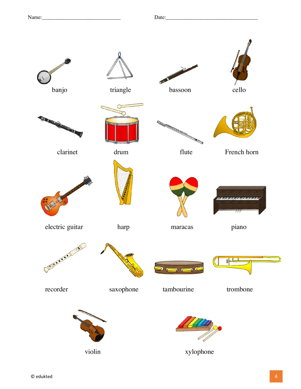Vocabulary reference sheet pairs 18 instrument pictures with names, including banjo, triangle, bassoon, and cello