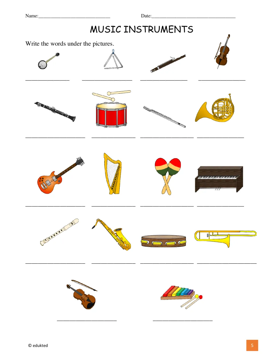 Instrument identification activity asks students to write names under 18 pictures using the booklet vocabulary