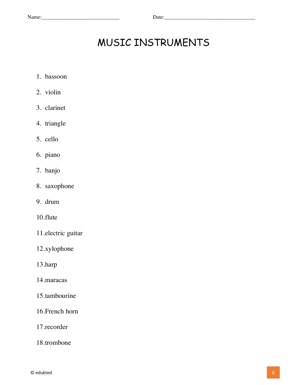 Numbered vocabulary list supplies 18 instrument names, beginning with bassoon and violin and ending with trombone