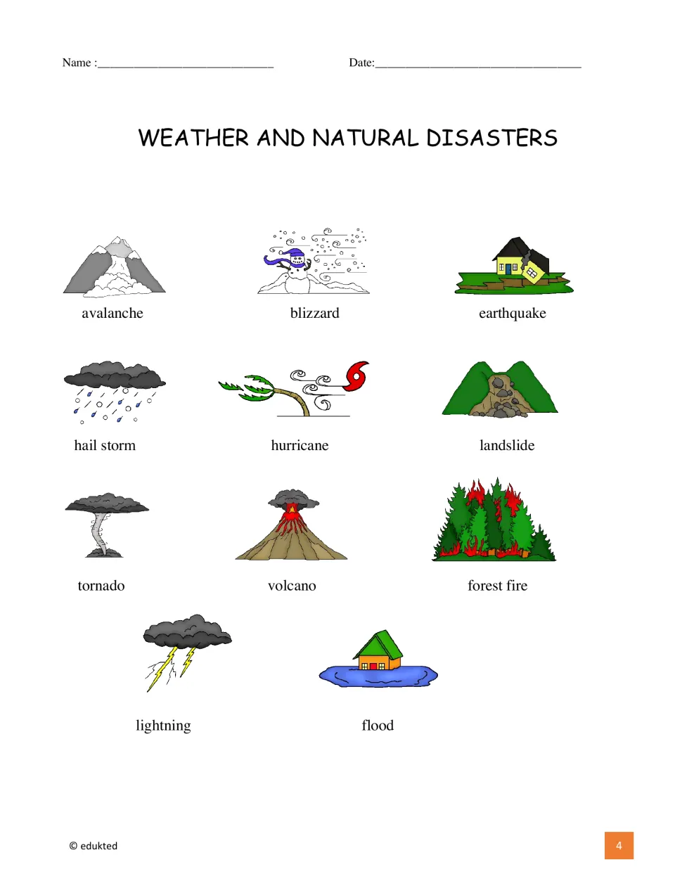 Vocabulary reference illustrates 11 terms, including avalanche, blizzard, earthquake, hurricane, and flood