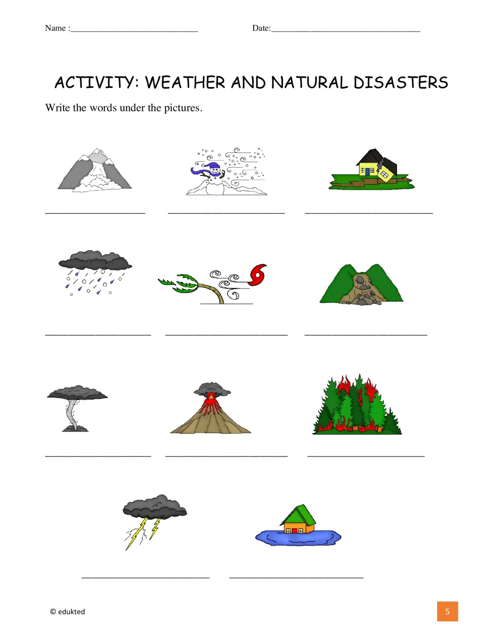 Vocabulary labeling activity asks students to name 11 pictures of weather events and natural disasters